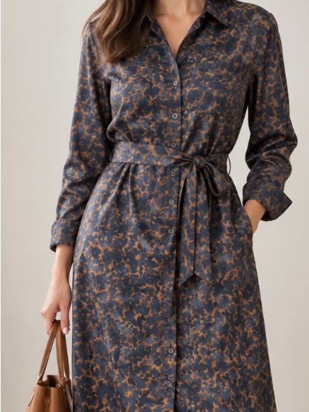 Dries Van Noten Navy and Brown Printed Long-Sleeve Shirt Dress